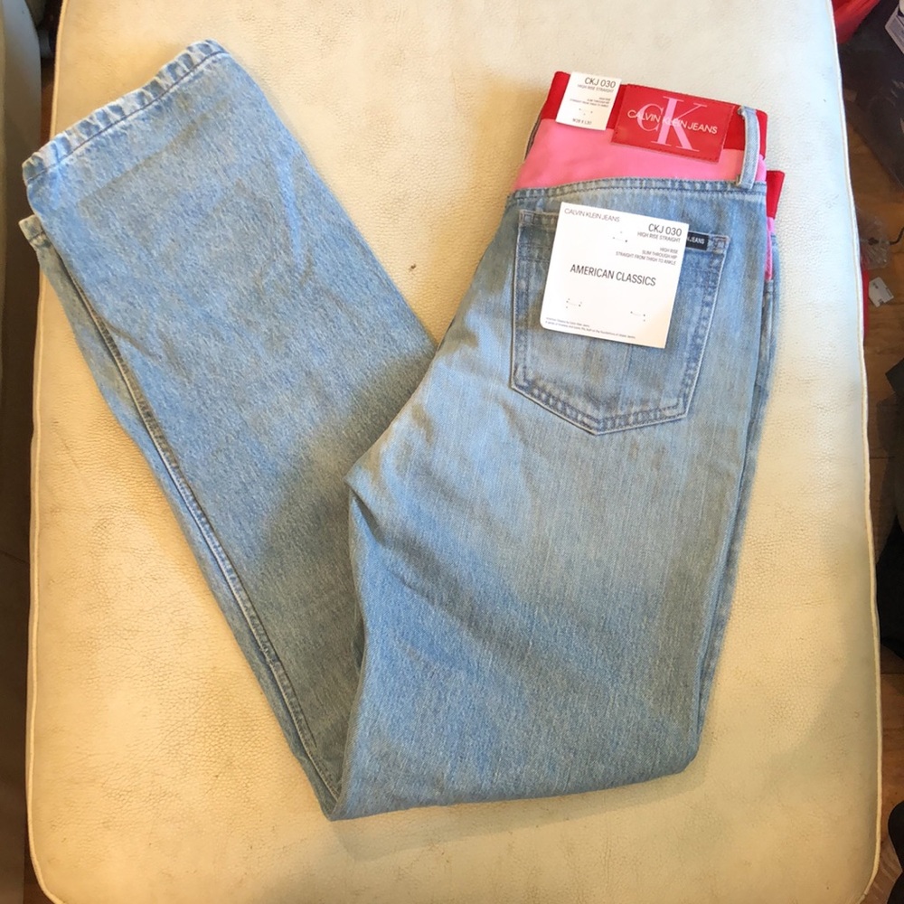 Calvin Klein Jeans high Rose Straight Blue Jeans with pink/red at waist